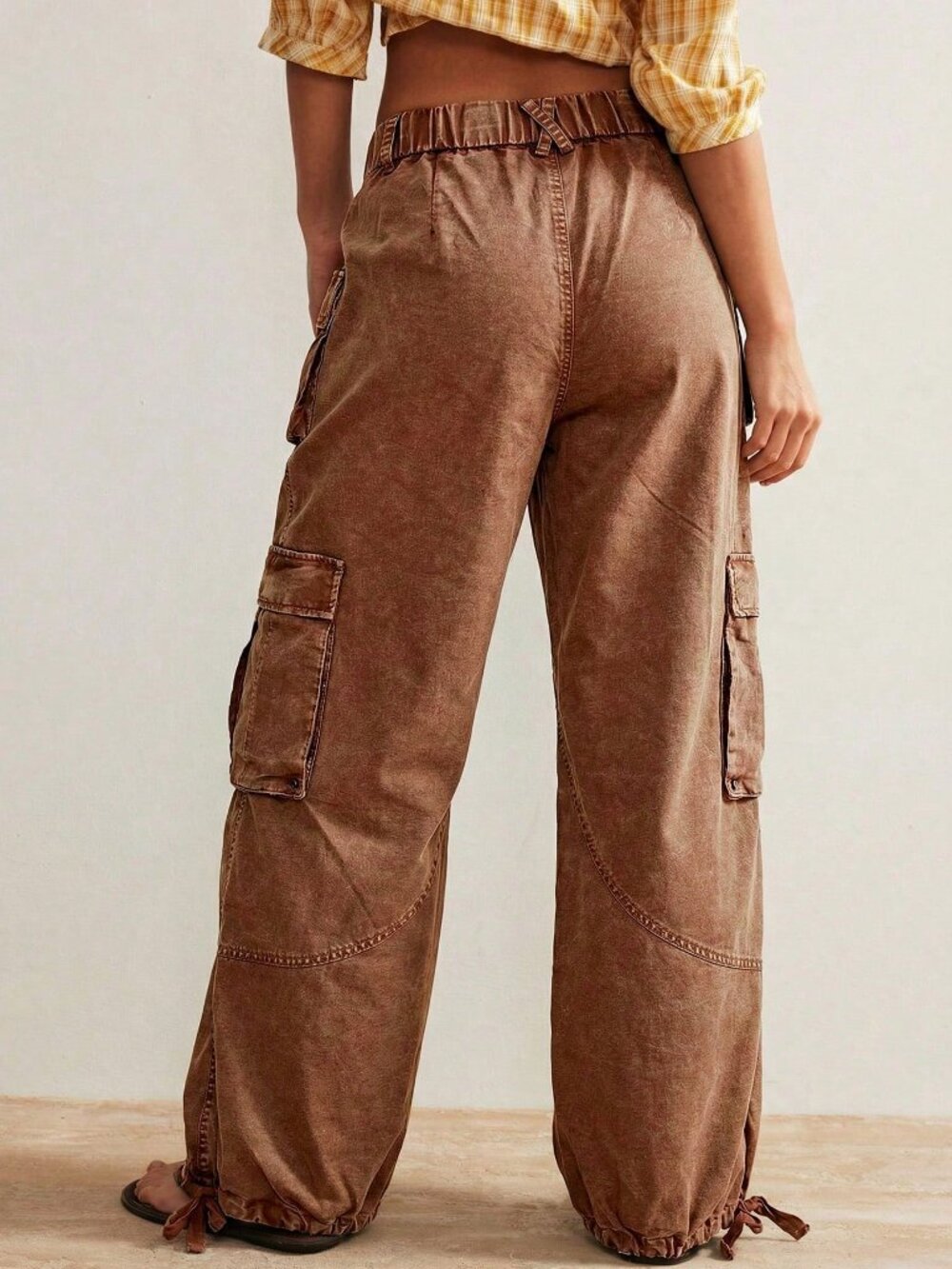 Brown Casual Women's Woven Loose Drawstring Waist Low-Rise Wide Leg Pants - Picture 2 of 10